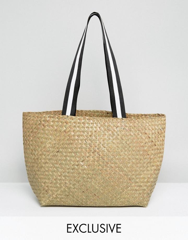 Reclaimed Vintage Inspired Straw Shoulder Bag With Sports Straps - Beige