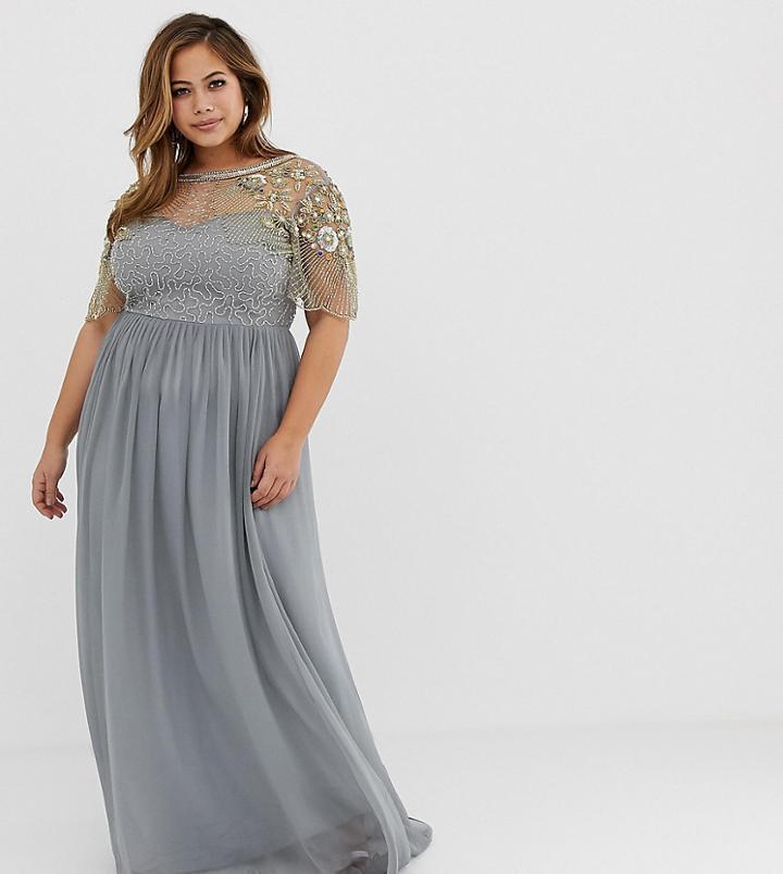 Virgos Lounge Plus Sheer Embellished Flutter Sleeve Maxi Dress In Pale Gray - Gray