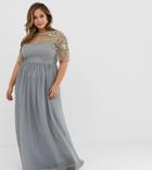 Virgos Lounge Plus Sheer Embellished Flutter Sleeve Maxi Dress In Pale Gray - Gray