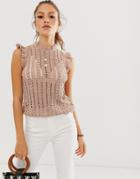 River Island Knitted Tank Top With Frill Sleeves In Beige