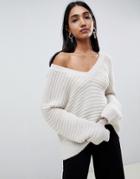 Asos Design Sweater In Off Shoulder V-neck With Stitch Detail - Stone