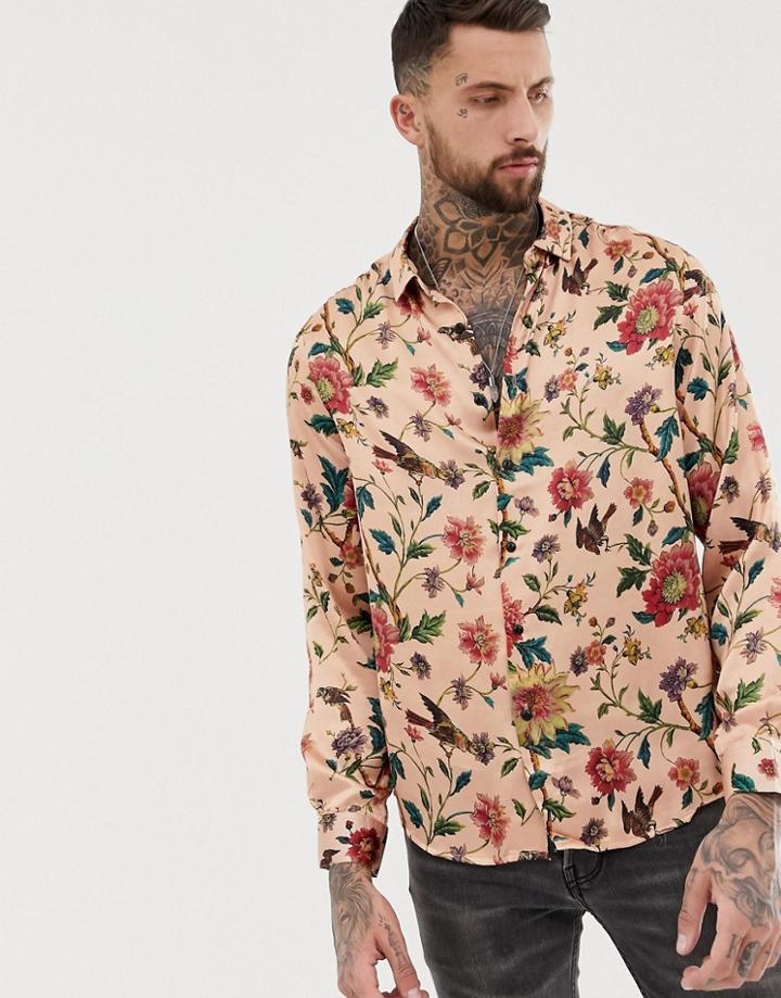 Asos Design Regular Fit Shirt With Floral Print In Pink Satin