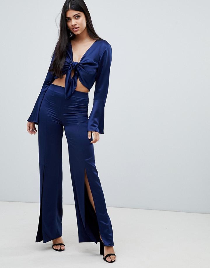 True Violet Wide Leg Pants With Split - Navy