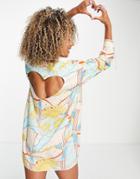 Native Youth Long Sleeve Mini Smock Dress In Vintage Print With Heart Back Cut Out-multi