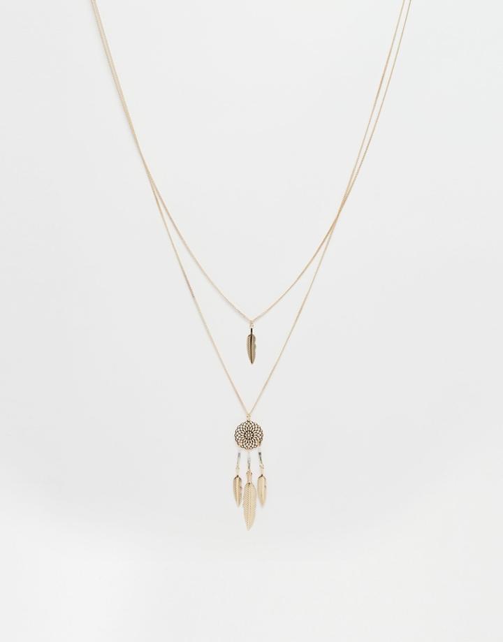 Asos Multirow Leaf Dreamcatcher Necklace - Gold