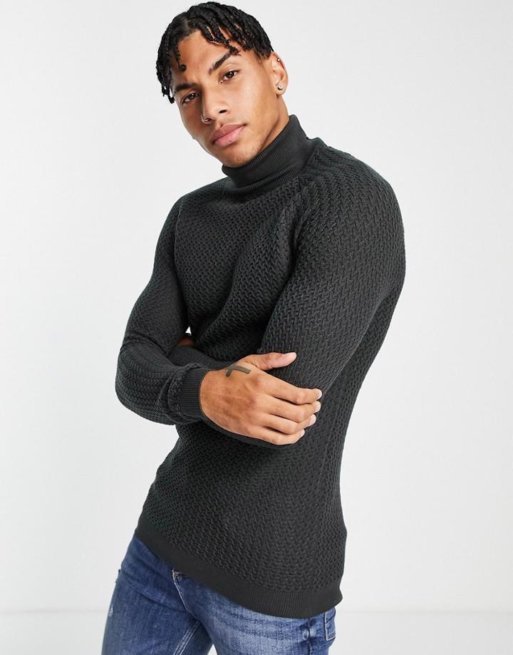 Asos Design Muscle Fit Textured Knit Turtle Neck Sweater In Charcoal-grey