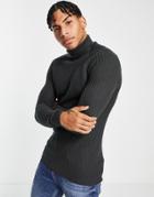 Asos Design Muscle Fit Textured Knit Turtle Neck Sweater In Charcoal-grey