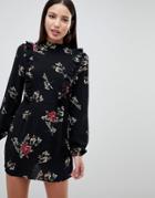 Ax Paris Long Sleeve Floral Dress With Frill Detail-black