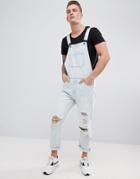 Asos Design Skinny Denim Overalls In Light Wash Blue With Heavy Rips - Blue