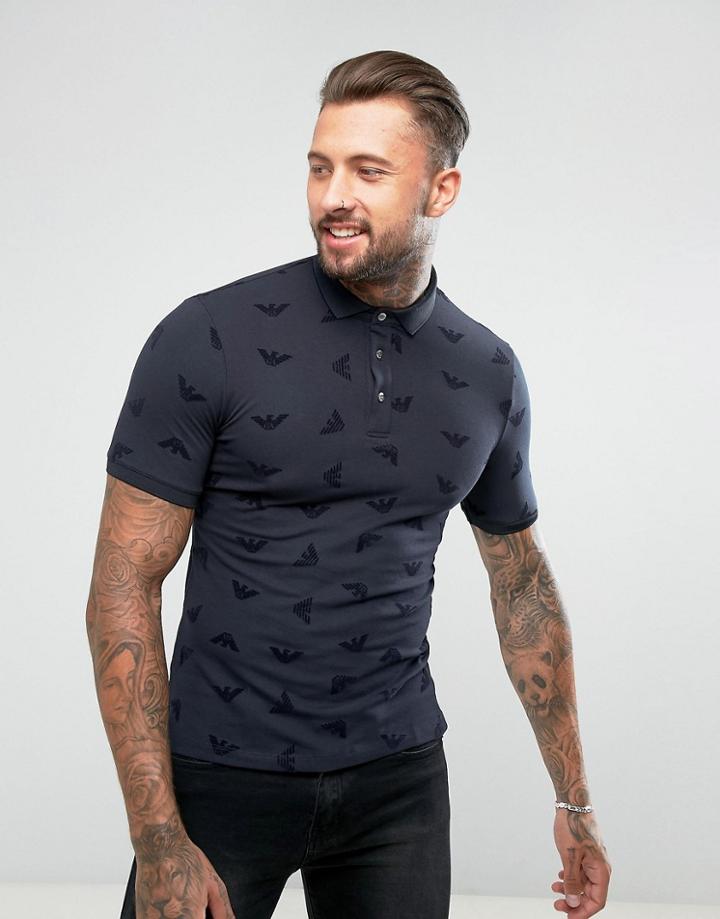 Armani Jeans Slim Fit All Over Eagle Polo Shirt Navy - Navy