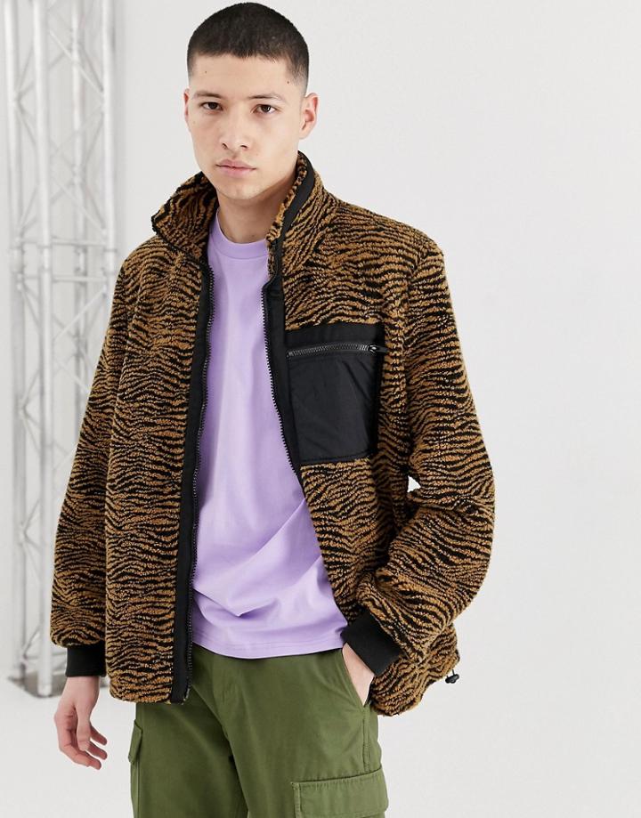 Asos Design Fleece Zip Through Jacket In Zebra Borg