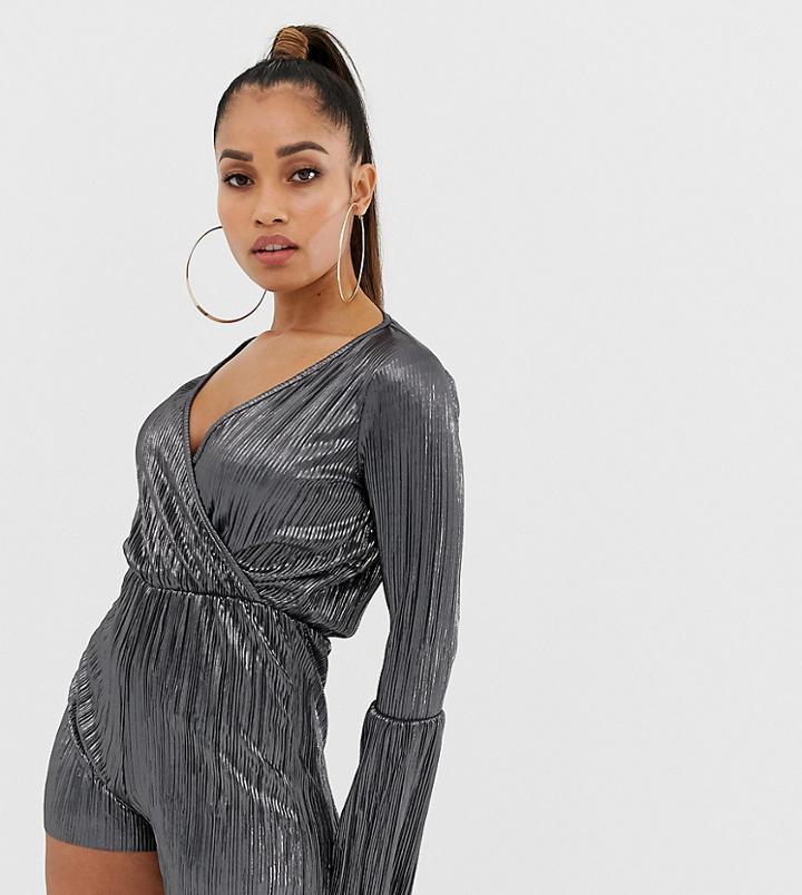 Missguided Petite Exclusive Petite Plisse Wrap Front Romper In Silver - Black