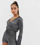 Missguided Petite Exclusive Petite Plisse Wrap Front Romper In Silver - Black