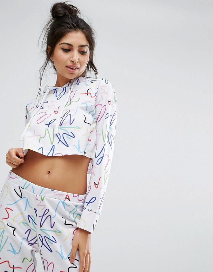 Asos Lounge Cropped Hoodie In 80's Scribble Print - Multi