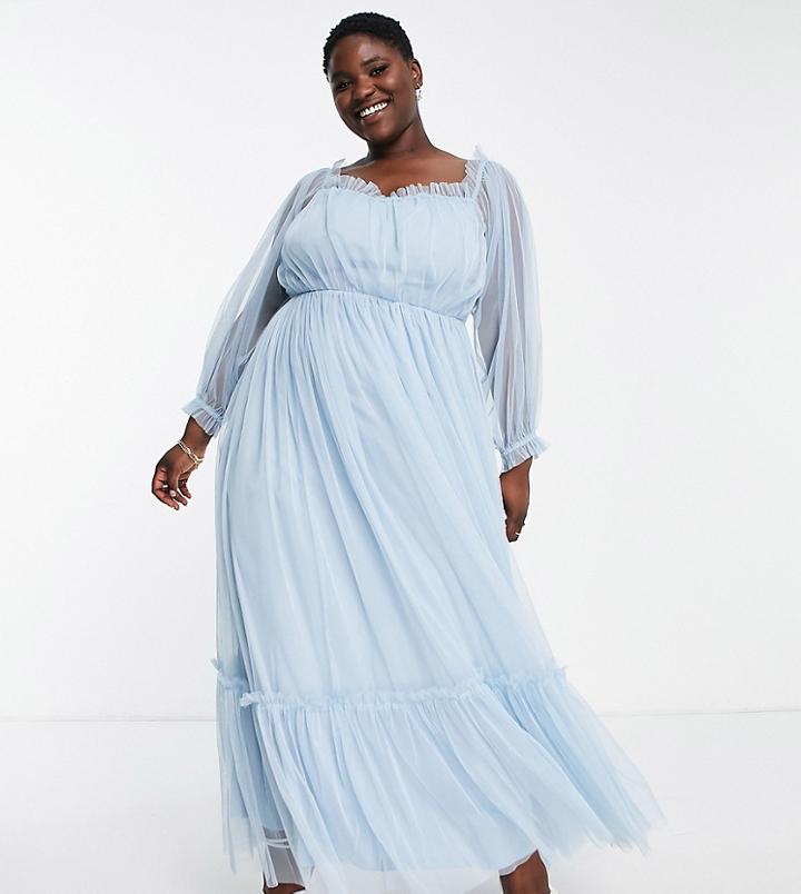 Lace & Beads Plus Long Sleeve Maxi Dress In Powder Blue