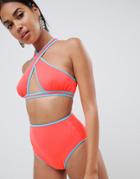 Asos Design Contrast Bind High Waist Bikini Bottom In Neon Orange