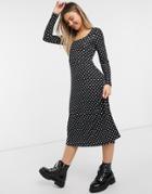 New Look Square Neck Midi Dress In Polka Dot-black