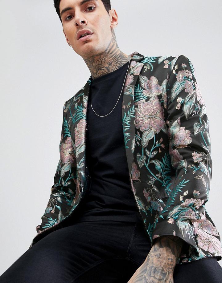 Asos Edition Skinny Blazer In Floral Jacquard - Black