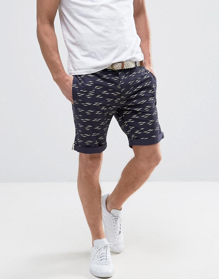 Bellfield Chino Shorts In Gull Print With Belt - Navy
