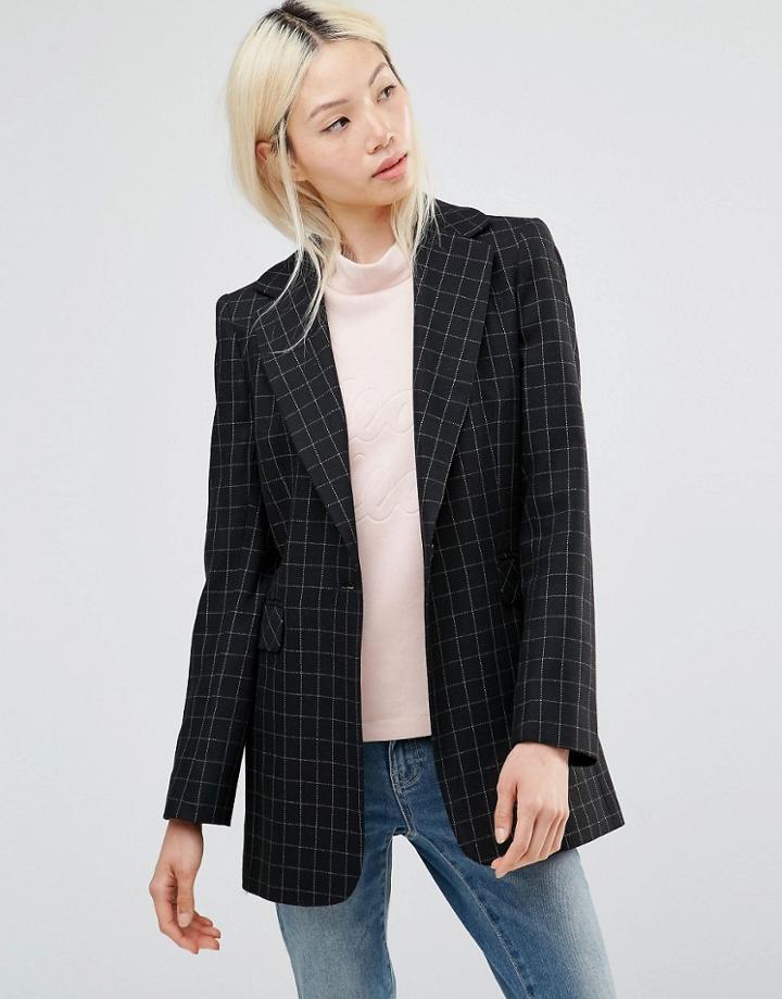Helene Berman Longline Blazer In Black And White Window Check - Black
