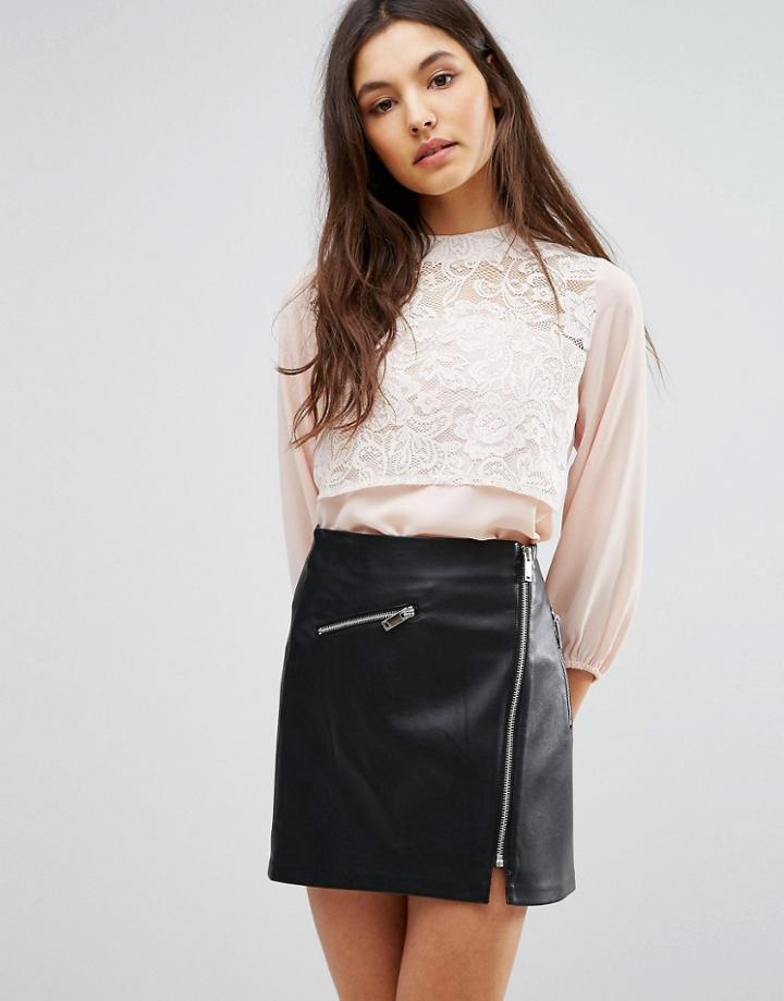 Hedonia 3/4 Sleeve High Neck Top With Lace Panel - Pink