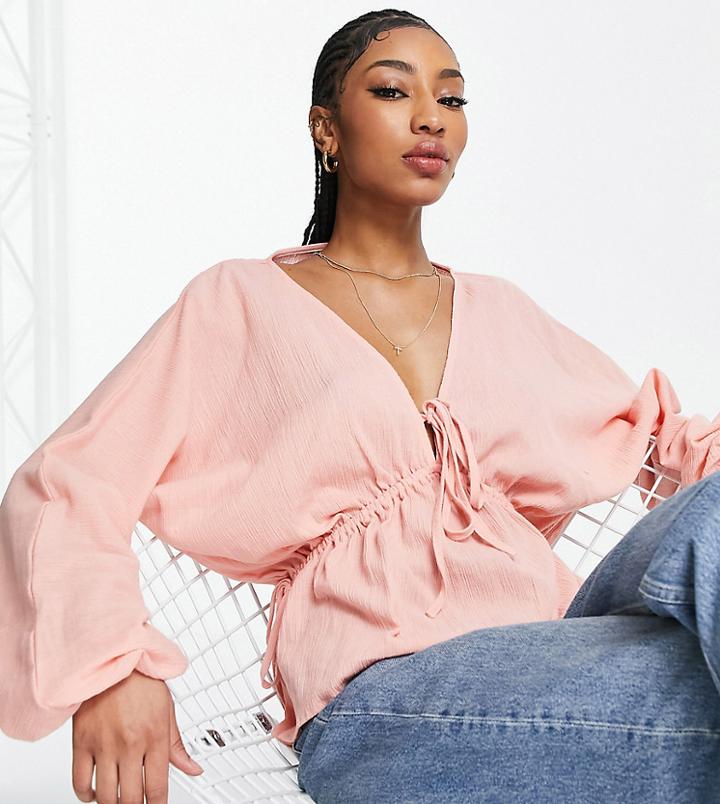 Asos Design Tall Natural Crinkle Top With Side Ties In Light Pink-multi