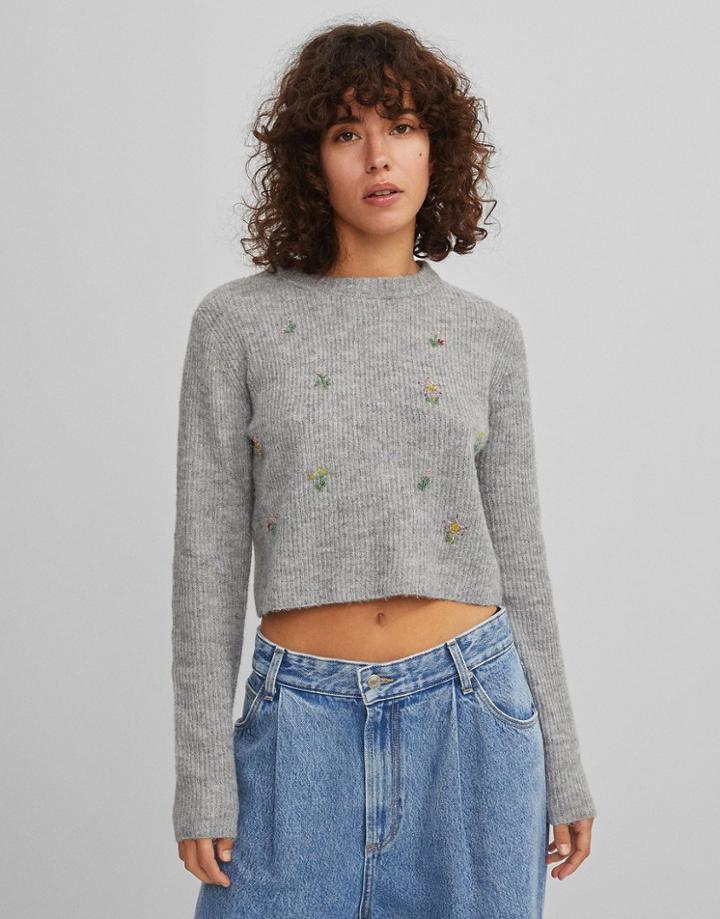 Bershka Flower Detail Sweater In Charcoal-grey