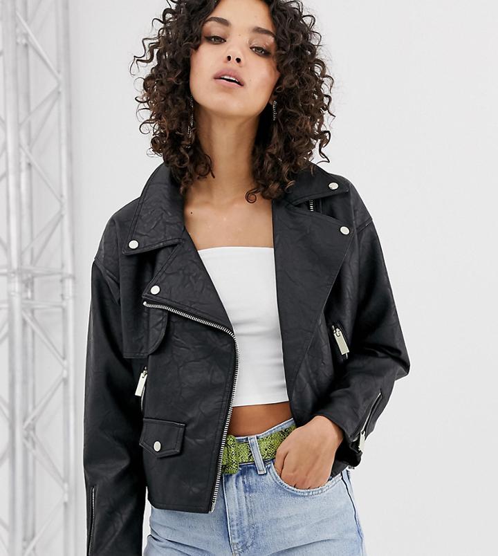River Island Oversized Faux Leather Biker Jacket In Black - Black