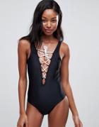 Brave Soul Tie Up Front Swimsuit - Black