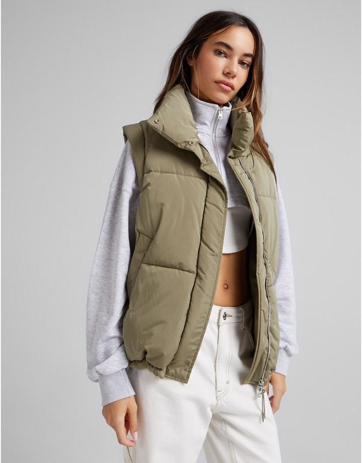 Bershka Padded Vest In Khaki-green