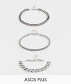 Asos Design Plus 3 Pack Chain Bracelet With Emboss In Burnished Silver Tone - Silver