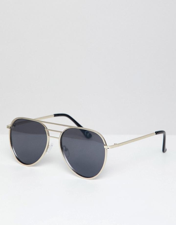 Asos Design Aviator Sunglasses In Gold Metal With Mesh Metal Brow Bar Detail - Gold