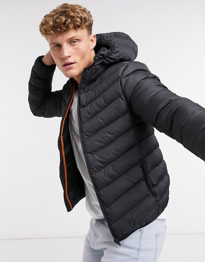 Brave Soul Hooded Puffer Jacket In Black