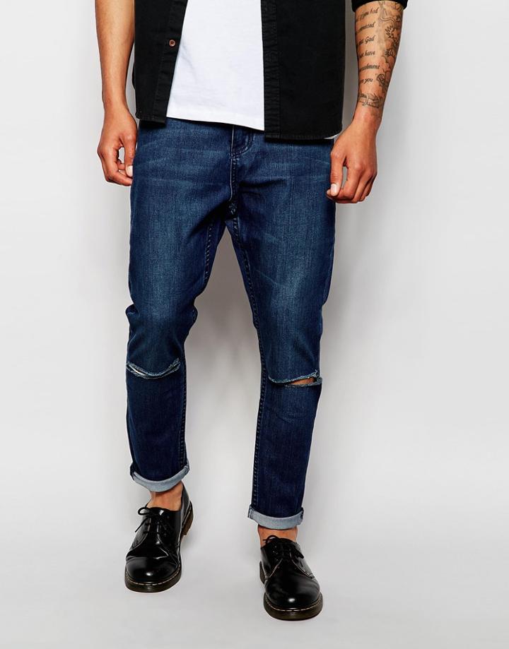 Cheap Monday Jeans Dropped Crotch Skinny Fit Prosper Mid Wash Knee Rips - Prosper