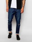Cheap Monday Jeans Dropped Crotch Skinny Fit Prosper Mid Wash Knee Rips - Prosper