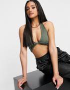 Asos Design Halter Twist Front Crop Top In Khaki-purple