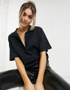 Asos Design Oversized Polo T-shirt With Collar Detail In Black