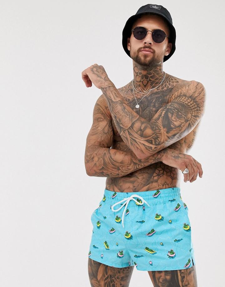 Asos Design Swim Shorts With Crocodile In The Pool Print Super Short Length-blue