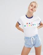 Lazy Oaf Retro Ringer Tee With Bad Habits Lettering - White