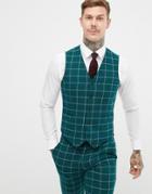 Asos Design Skinny Suit Vest In Forest Green Windowpane Check