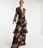 Asos Design Tall Maxi Dress With Long Sleeve And Circle Trim In Floral Print And Embellishment In Berry-multi