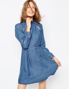 Asos Denim Victoriana Neck Flippy Dress In Mid Wash Blue - Midwash Blue