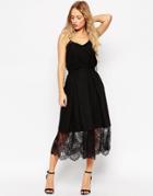 Asos Midi Skirt In Texture With Lace Hem - Black
