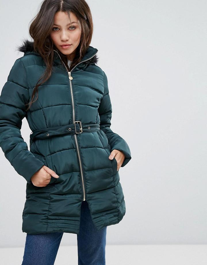 Brave Soul Mid Padded Belted Coat - Green