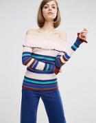 Lost Ink Off Shoulder Knitted Sweater In Stripe - Multi