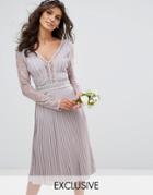 Tfnc Wedding Pleated Midi Dress With Long Sleeves And Lace Inserts With Embellished Waist - Gray