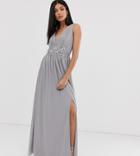 Little Mistress Tall Tulle Maxi Dress With Side Split And Lace Detail-gray