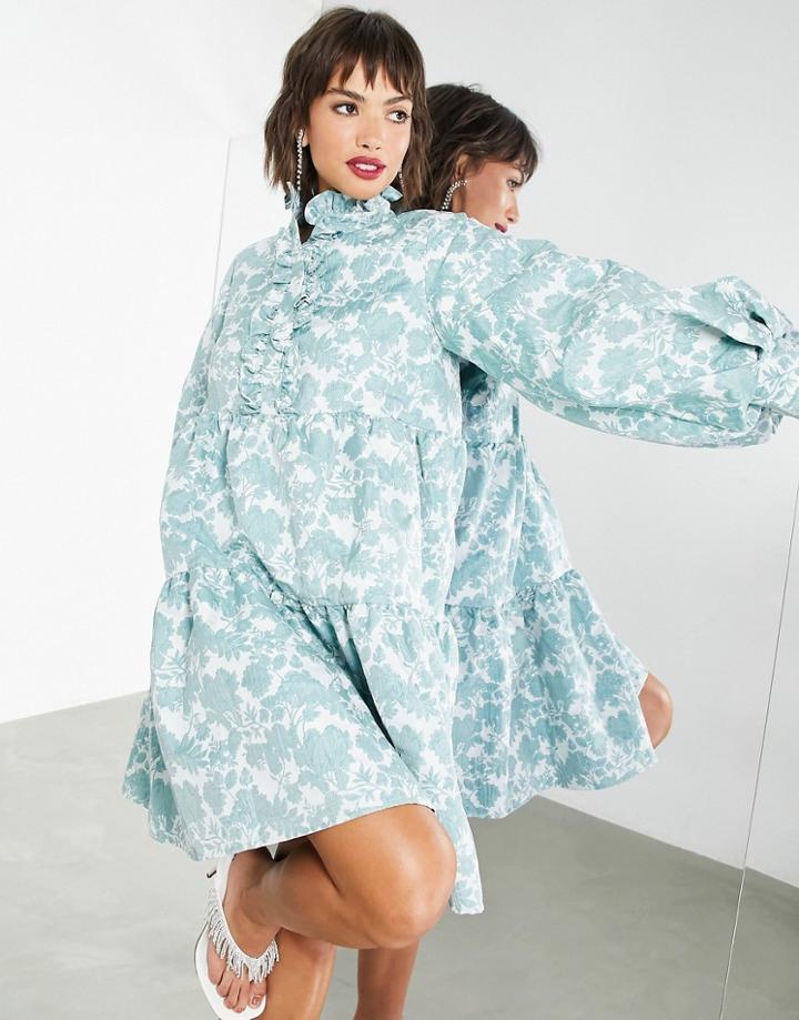Asos Edition Smock Dress With Pie Crust Collar In Antique Blue Floral Jacquard-blues
