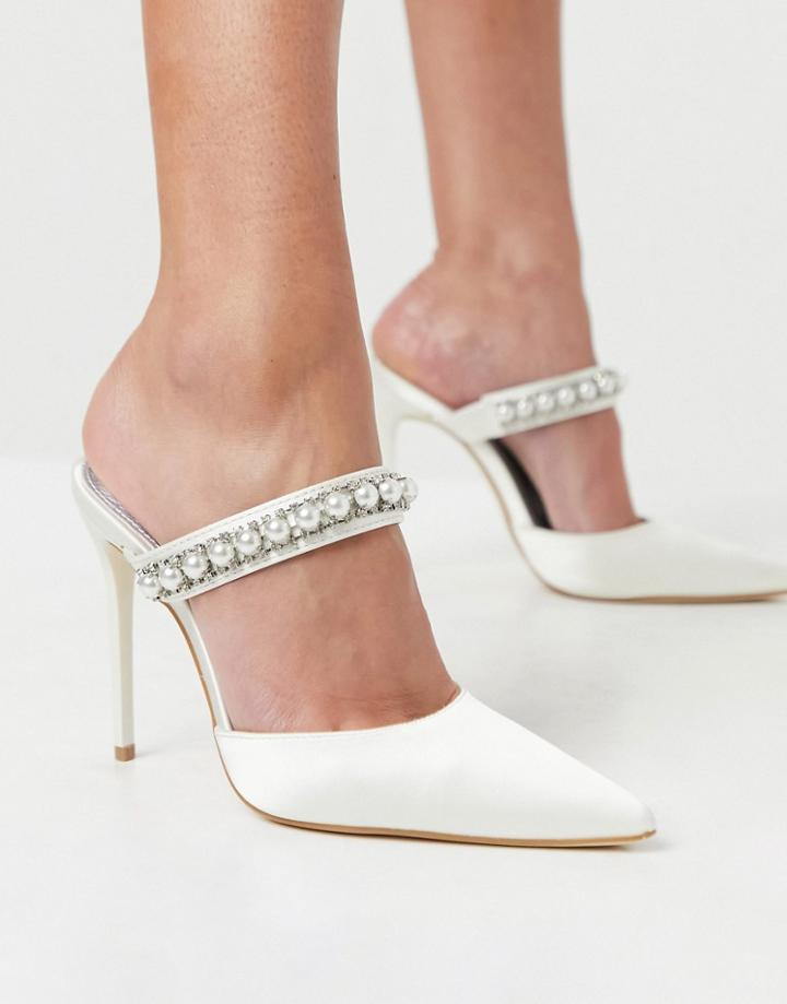 Truffle Collection Bridal Heeled Mules With Pearl Embellishment In White