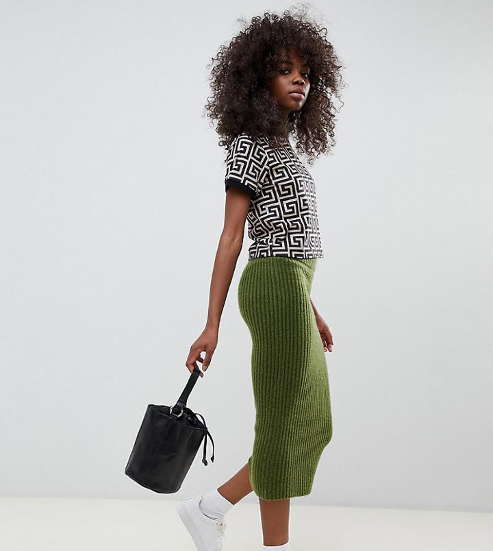 Asos Design Petite Wide Rib Midi Skirt - Green